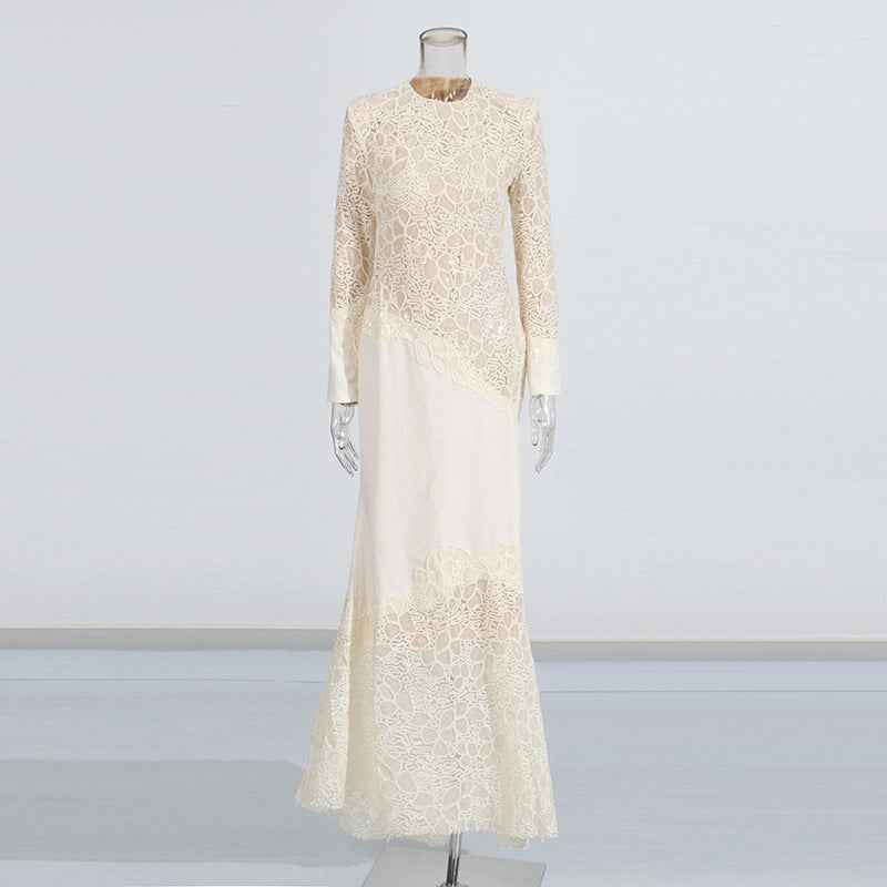 High-Waist Long-Sleeve Lace Embroidered Patchwork Bodycon Formal Maxi Gown