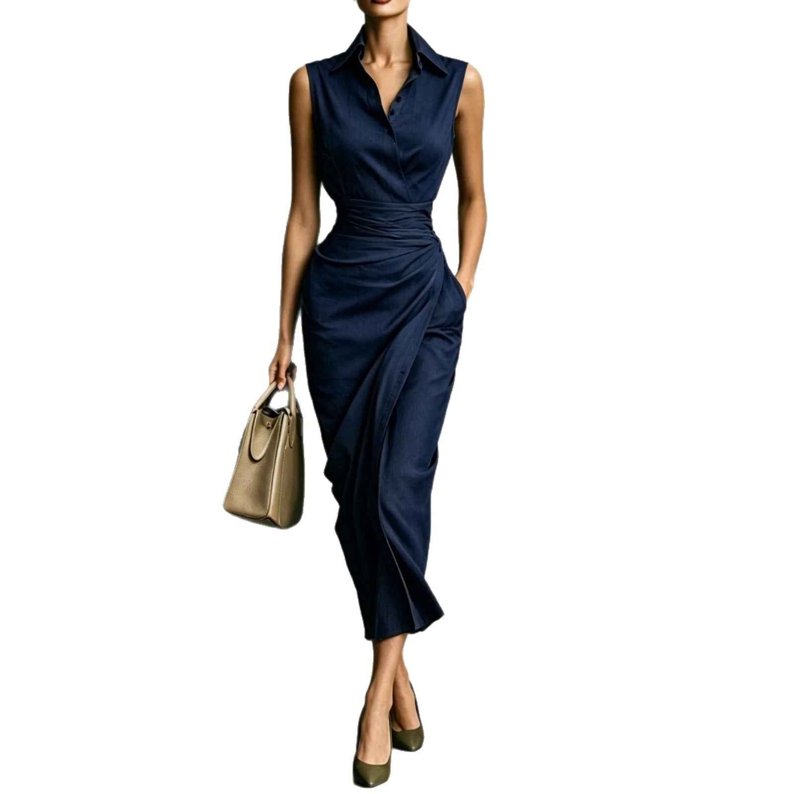 Asymmetrical Sleeveless Linen-Blend Midi Dress — High-Waist