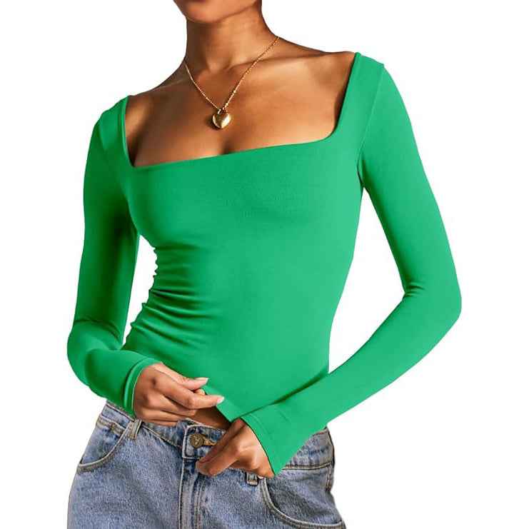 Square Neck Milk Silk Long Sleeve Top – Slim Fit Crop