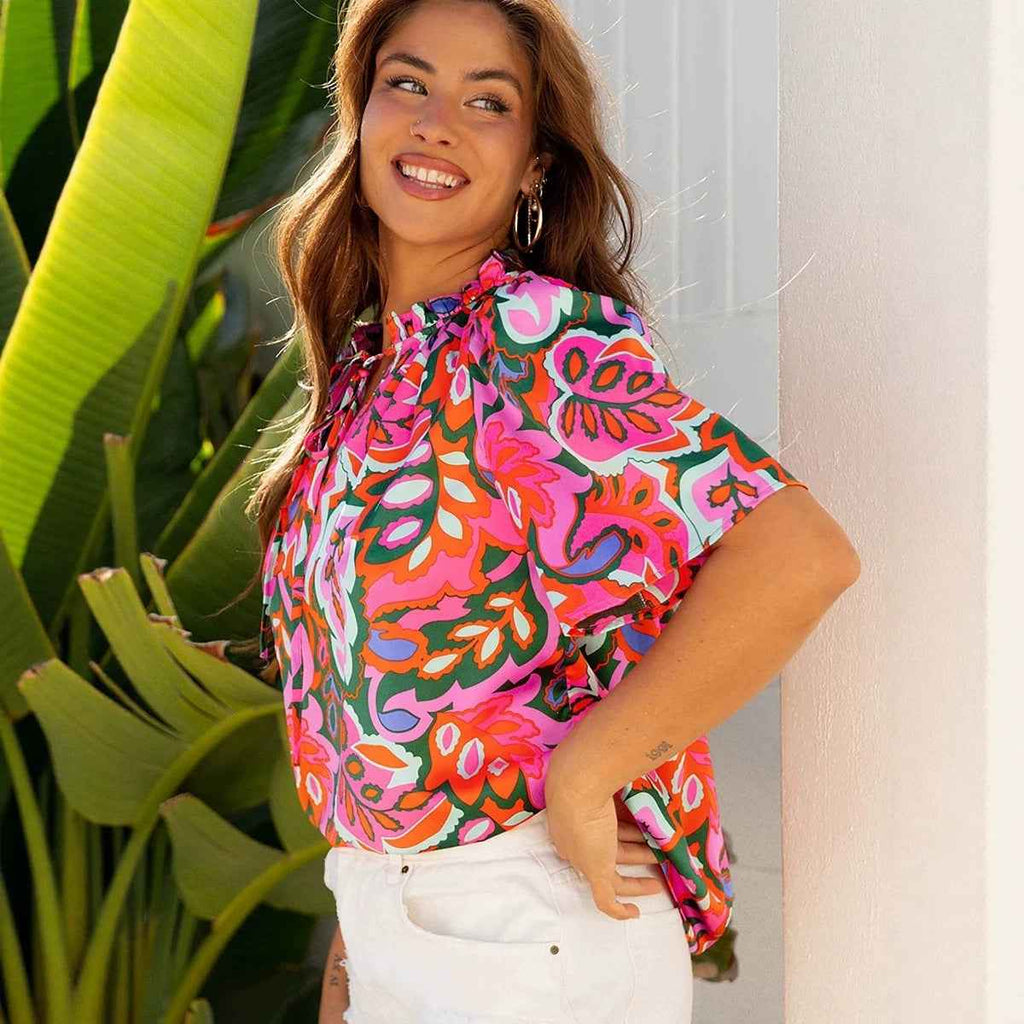 Women's Floral Print Chiffon Blouse – Contrast Detail Pullover Top