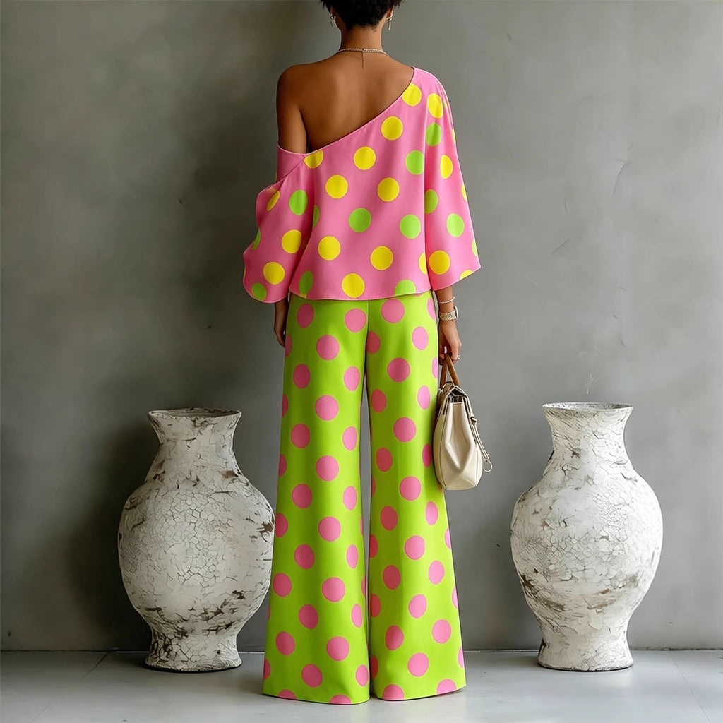 Polka-Dot Print Off-Shoulder Top & Full-Length Pants Set