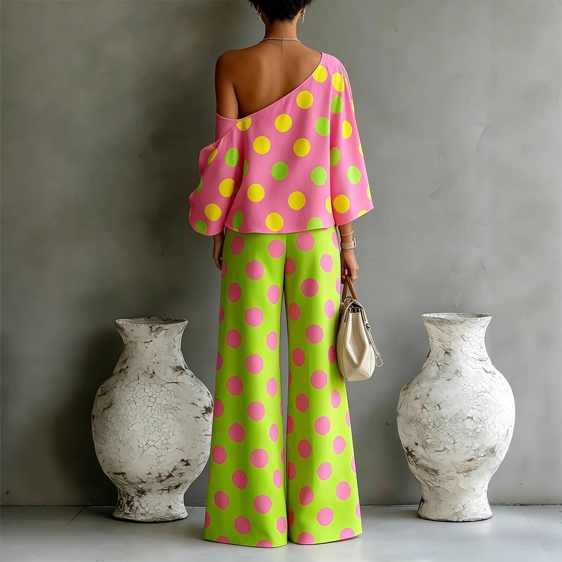Polka-Dot Print Off-Shoulder Top & Full-Length Pants Set