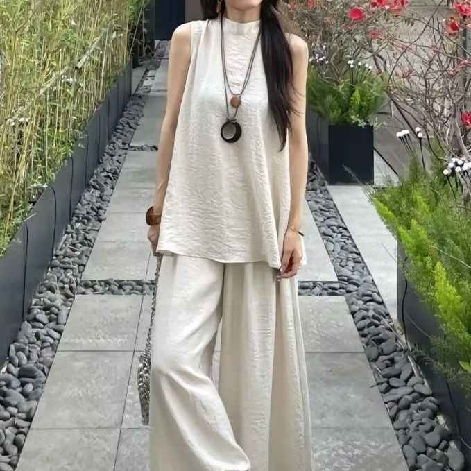 Womens Summer Lazy-Style Loose Sleeveless Top And Fashionable Wide-Leg Long Pants Two-Piece Set