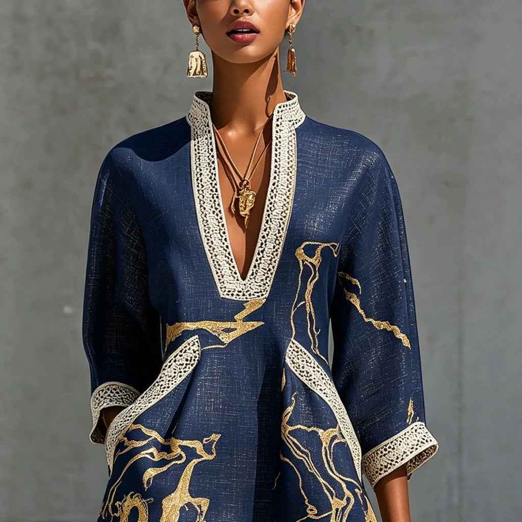 Printed V-neck Lace-trimmed Three-quarter-sleeve Mini Dress