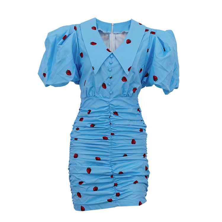 Strawberry Print Puff-Sleeve Pointed Collar Ruched Bodycon Mini Dress