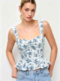 Summer New White-base Top With Blue Floral Print Strapless Style