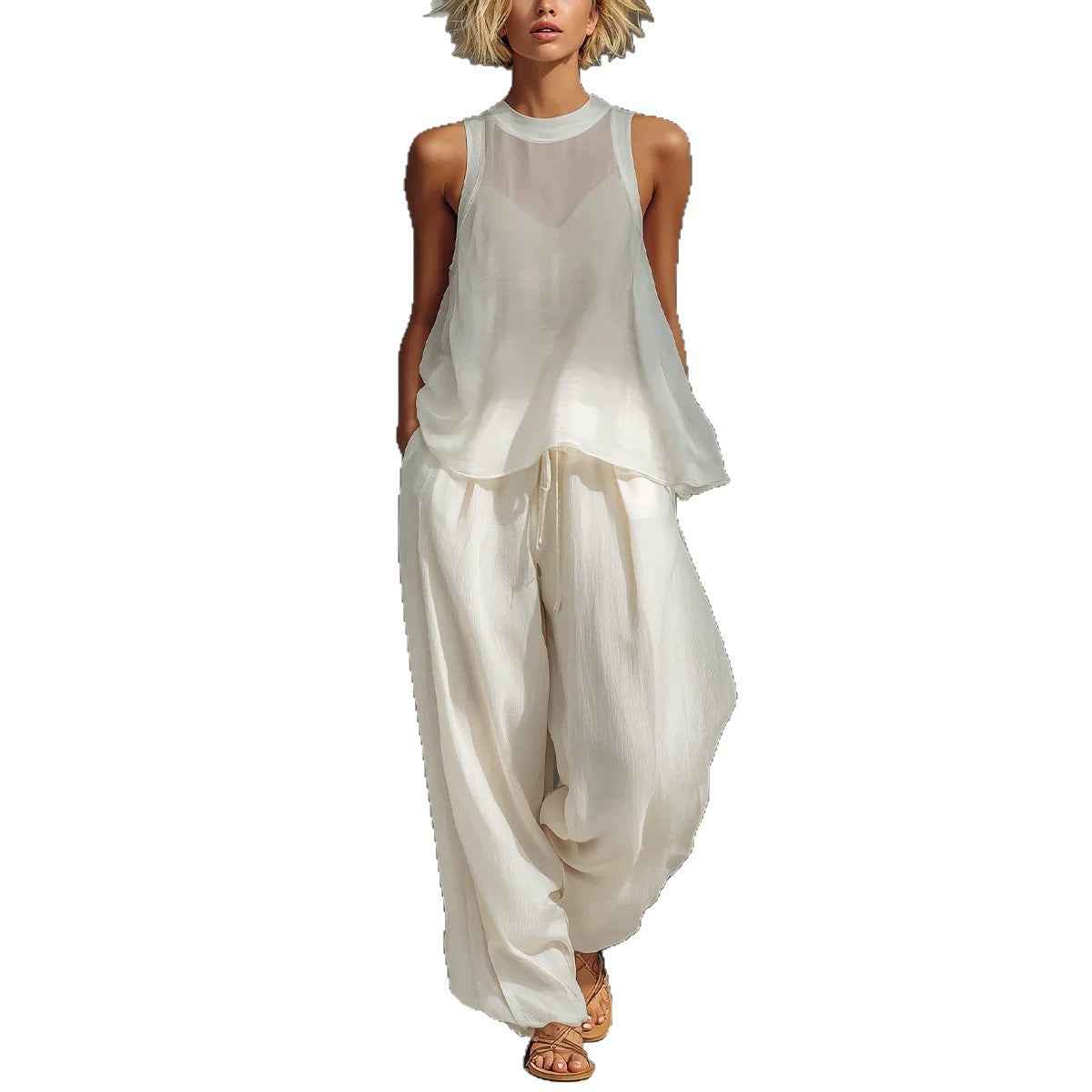 Women's Sheer Chiffon Tank & Wide-Leg Pants Set — 4 Colours, S–3XL