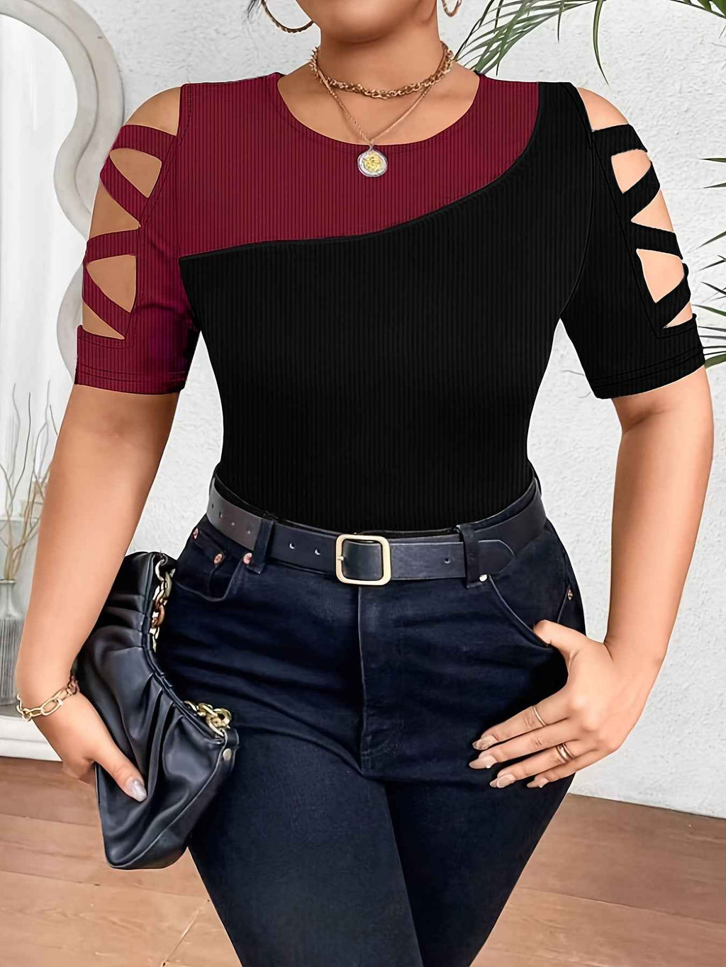 Contrast Patchwork Hollow-Out Slim Top — 4 Colourways, 0XL–6XL