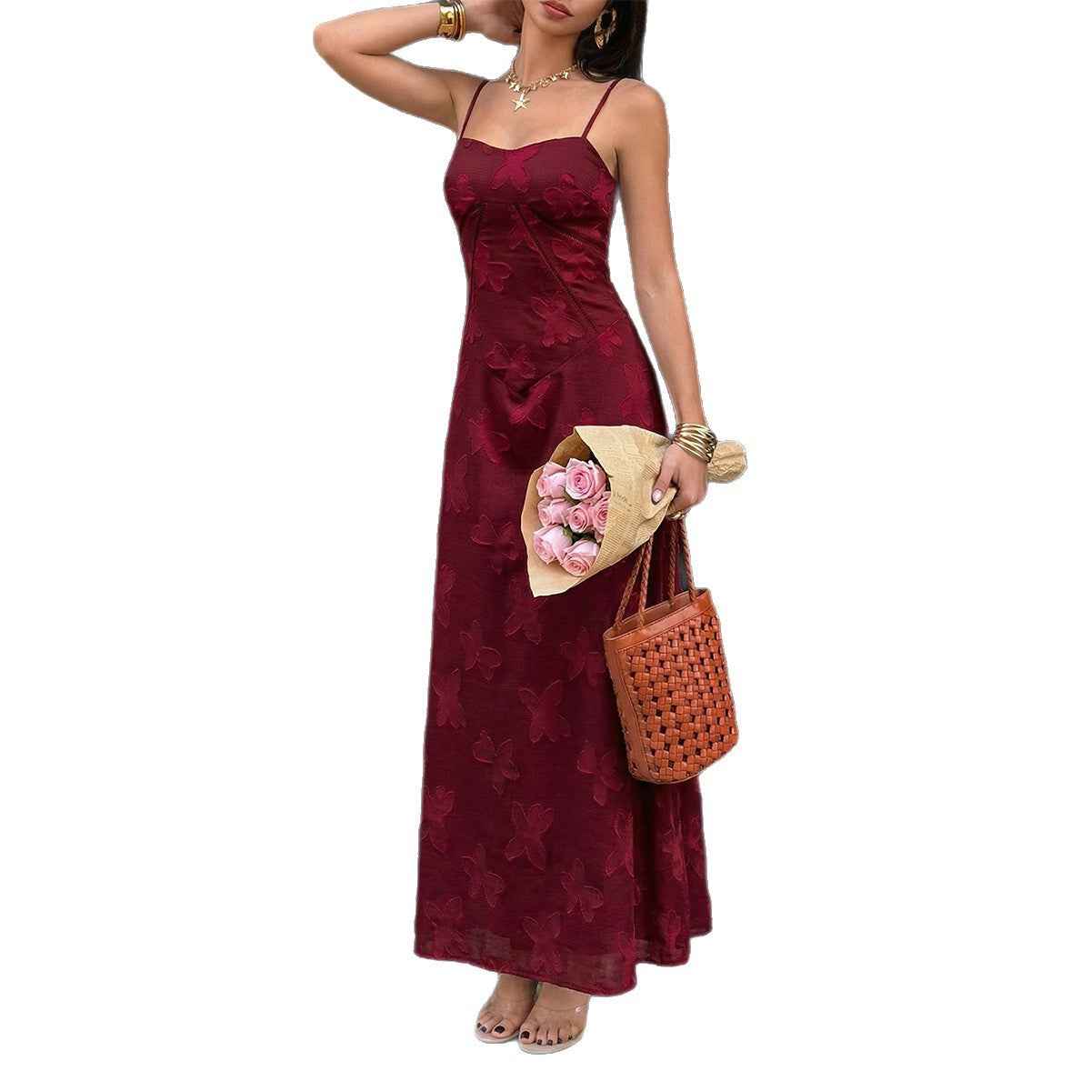Jacquard A-Line Dress with High Waist & Adjustable Straps