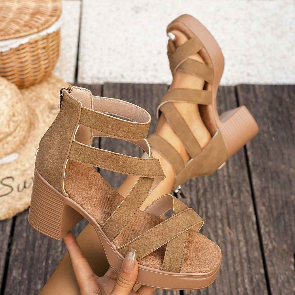 Suede Buckle-Strap Square-Toe Peep-Toe Sandals
