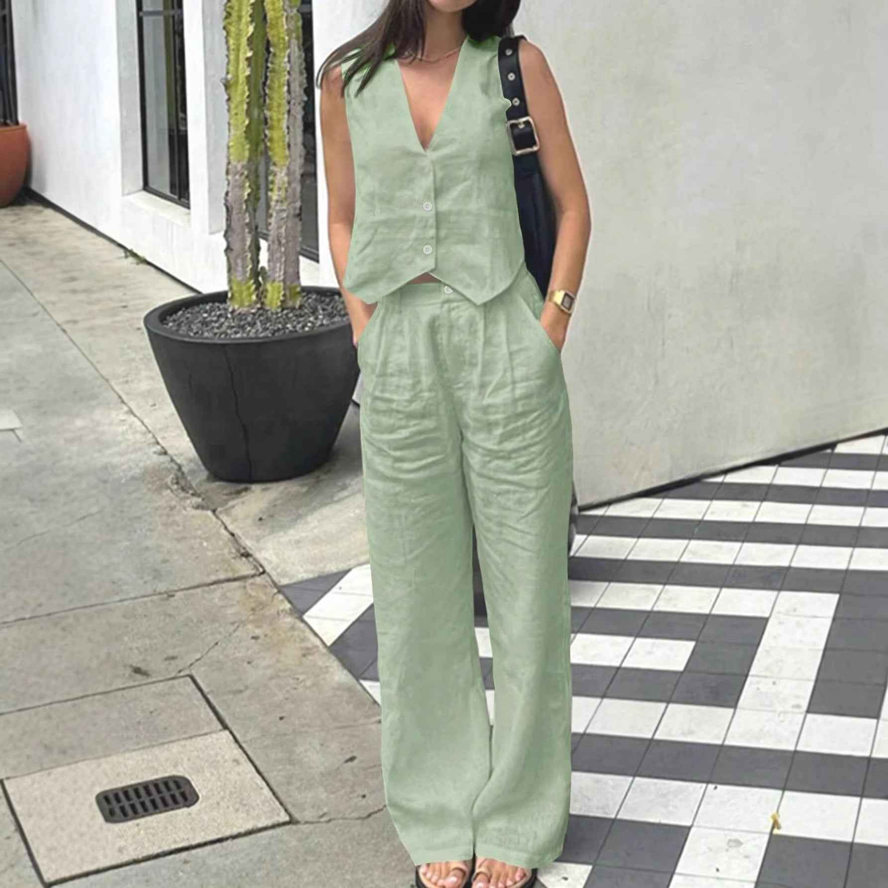 V-Neck Sleeveless Vest & Wide-Leg Pants Two-Piece Set