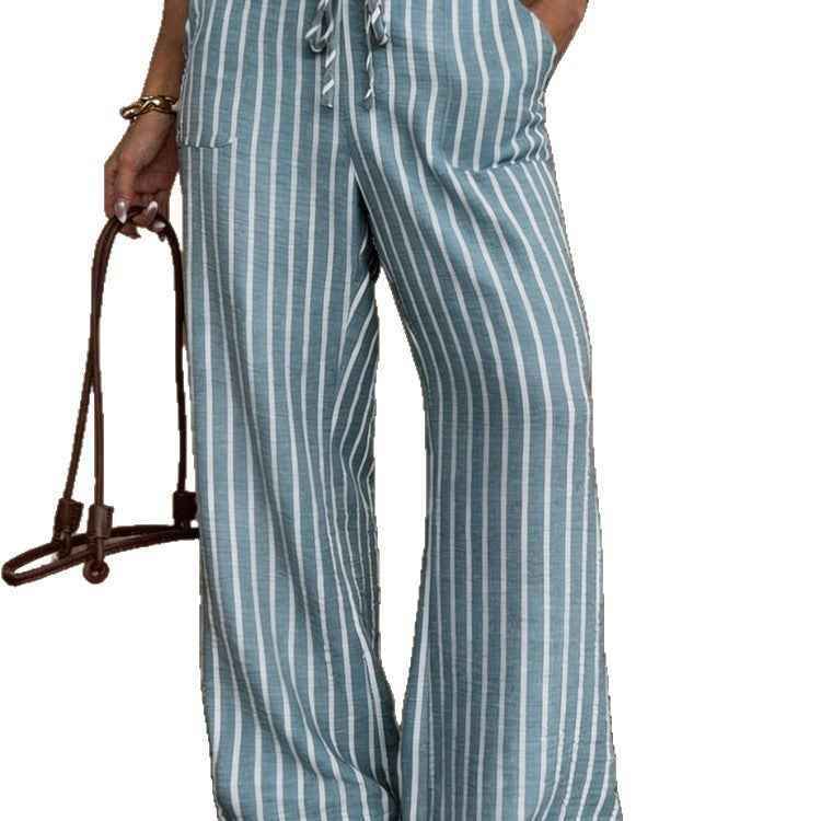 Striped Loose Wide-Leg Trousers with Elastic Waist