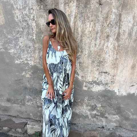Animal Print Strap Maxi Dress – Open Back, Bohemian, Relaxed Fit