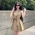 Patchwork A-Line Mini Dress – High Waist, Sleeveless, Khaki