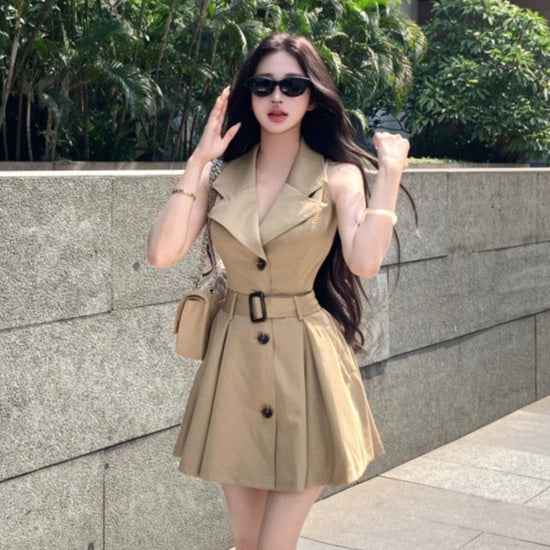 Patchwork A-Line Mini Dress – High Waist, Sleeveless, Khaki