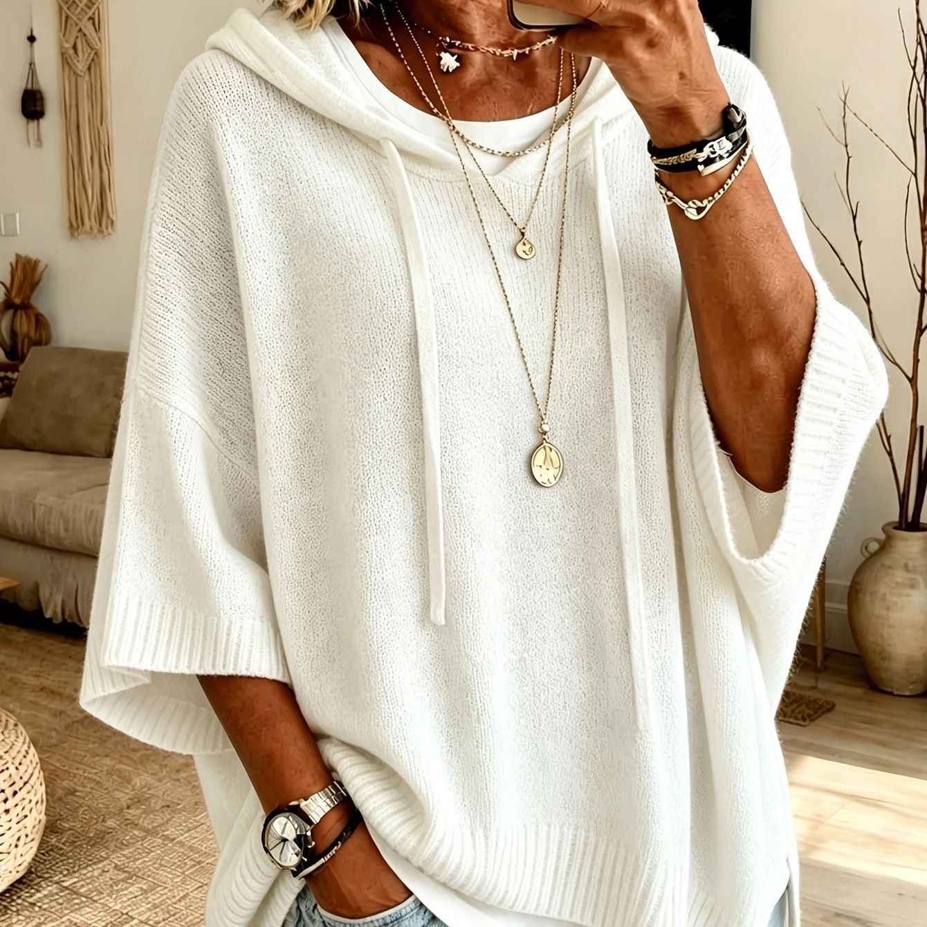 Womens Knitted New-Style Hooded Drawstring Sweater