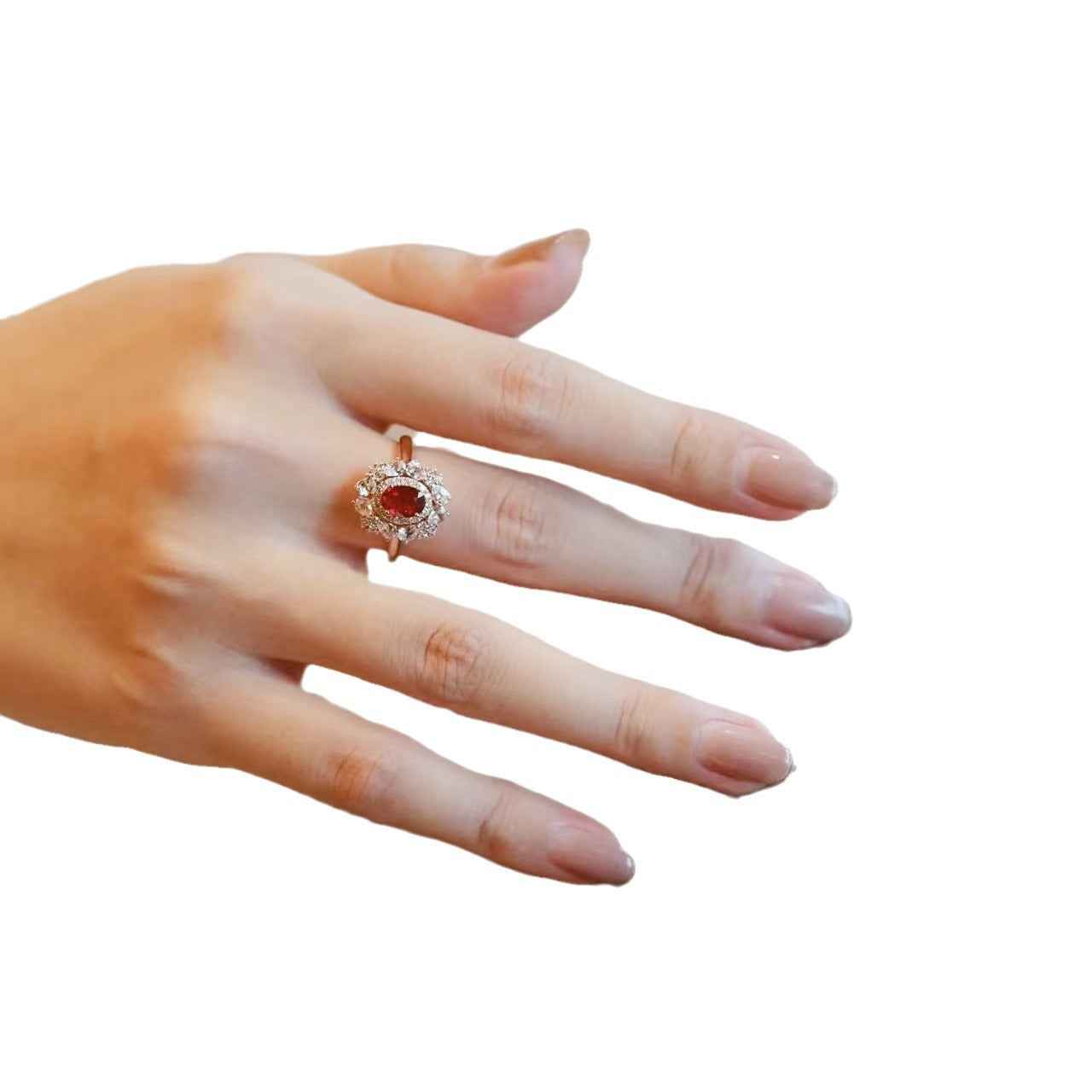 Exquisitely Crafted Hollowed-out Ruby Ring Set With Colored Gemstones And Diamonds
