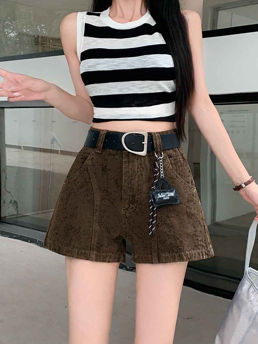 High-Waisted Acid Wash Denim Shorts with Belt – Marbled Straight Leg