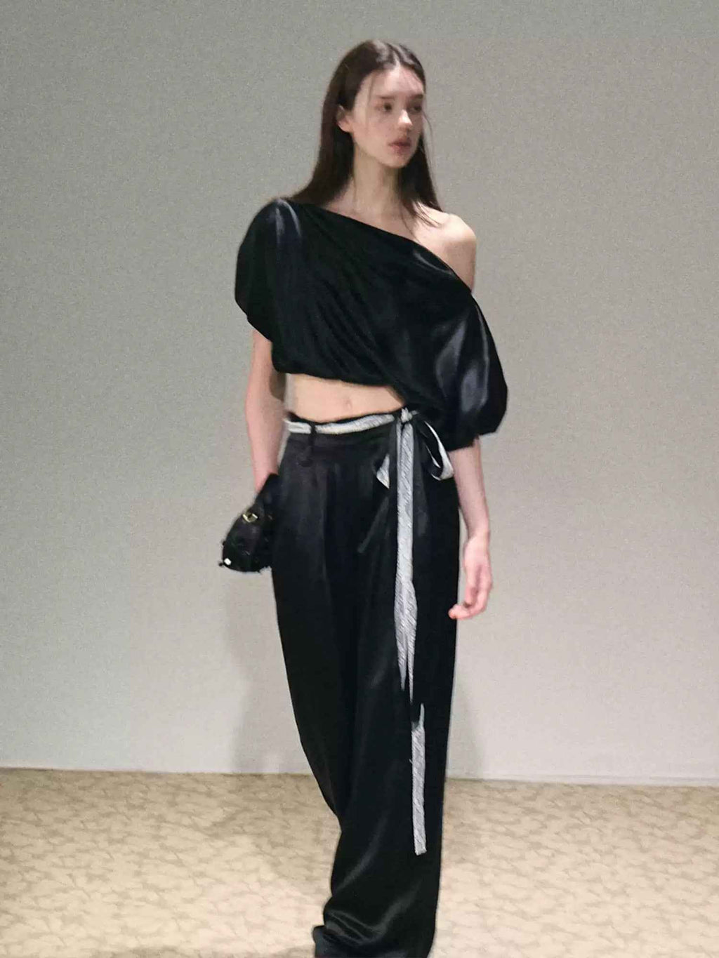 Two-piece Set Off-shoulder Top With Lace Belt And Wide-leg Pants