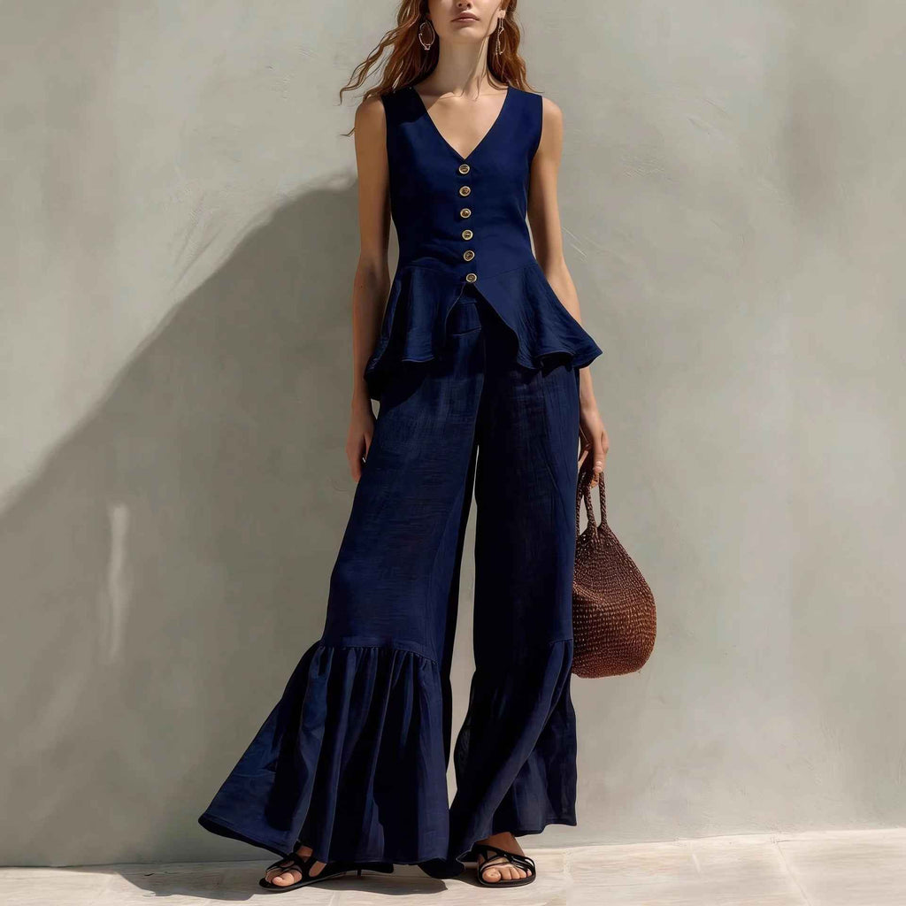 Linen Sleeveless V-Neck Button-Down Flounce Top & Wide-Leg Pants Two-Piece Set