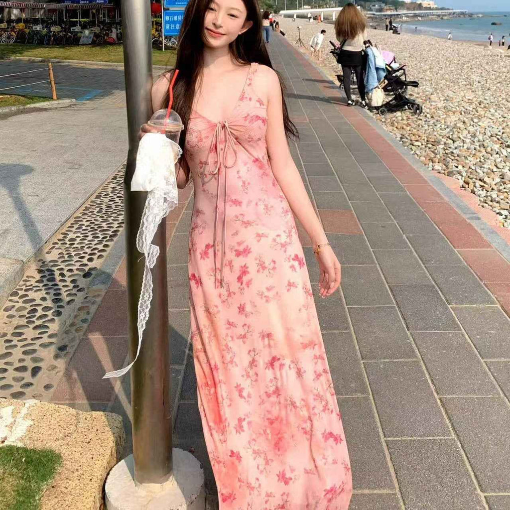 Pink Slim-Fit Floral Strap Dress – Patchwork Detail