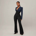 Contrast-Stripe Waist-Cinching Two-Piece Set – Long Sleeve & Wide-Leg Pants