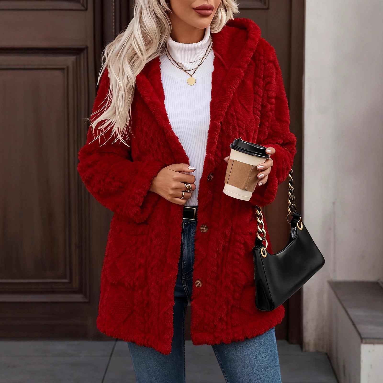Women's Hooded Button Cardigan Jacket – Thick Knit, Long Sleeve