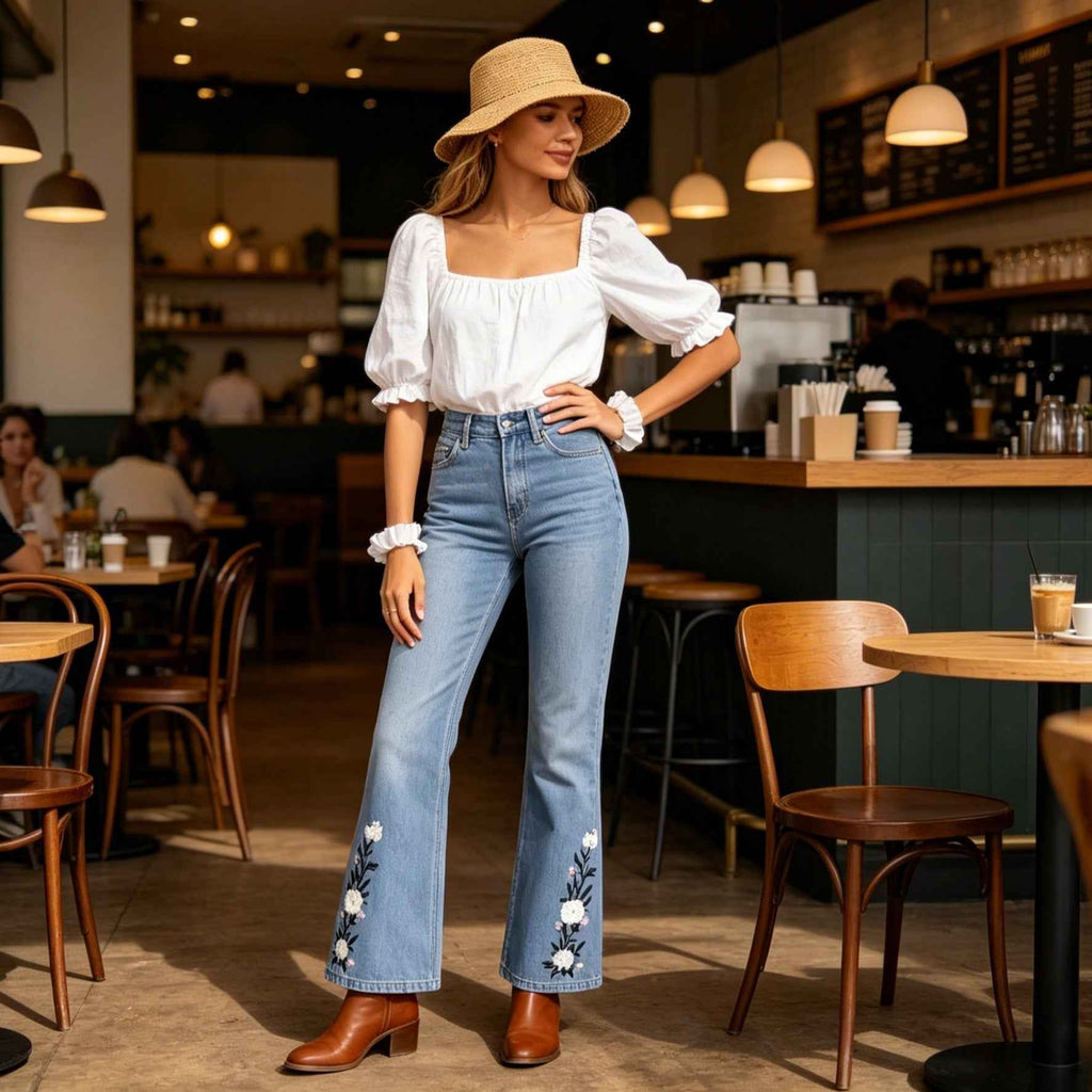 Women's Floral Embroidered Flare Jeans — Light Wash Bootcut Denim