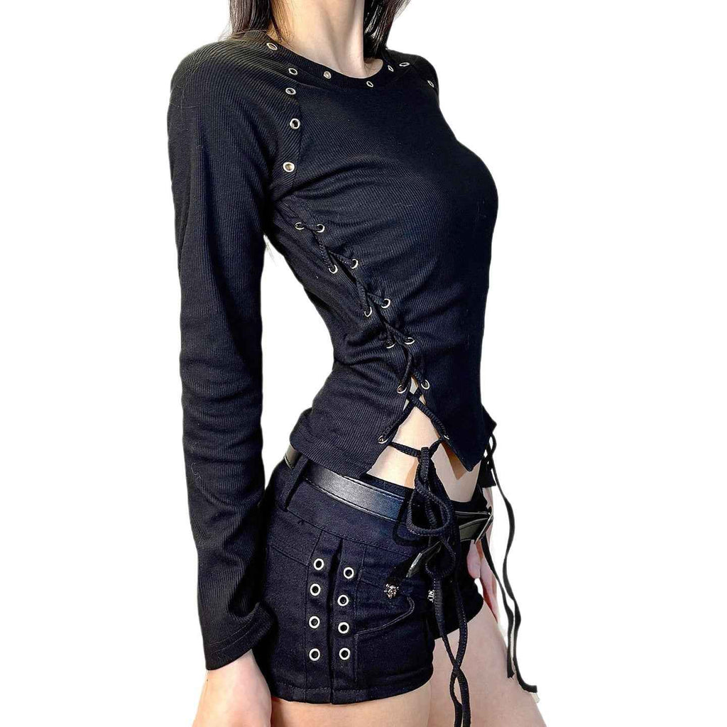 Black Ribbed Lace-Up Drawstring Top