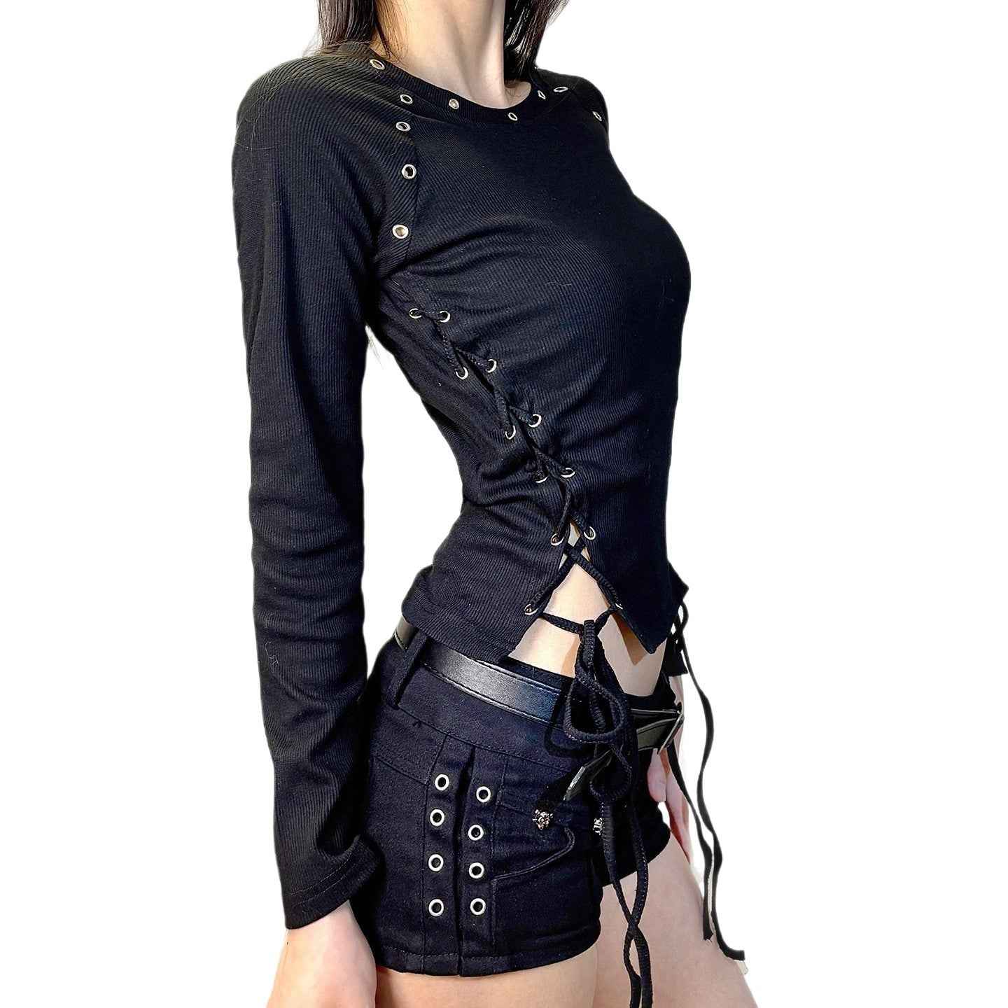 Black Ribbed Lace-Up Drawstring Top