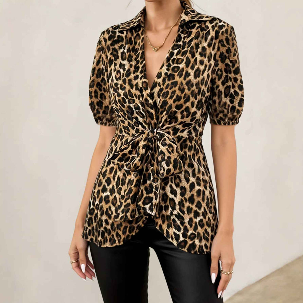 Leopard Print Lace-Up Short-Sleeve Cardigan Blouse