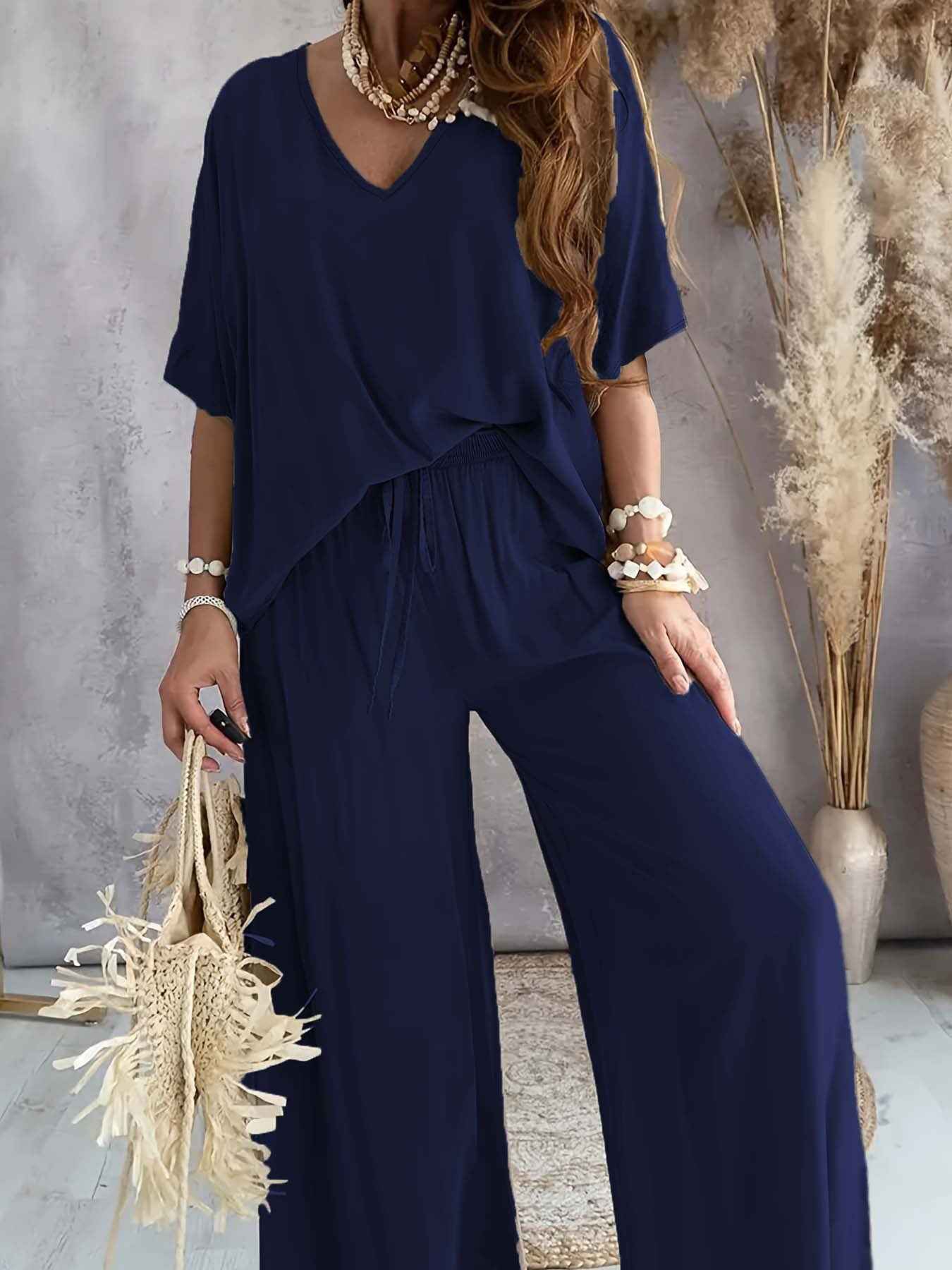 V-Neck Batwing Sleeve Loose Top & Drawstring High Waist Wide Leg Pants Two Piece Casual Outfit Set