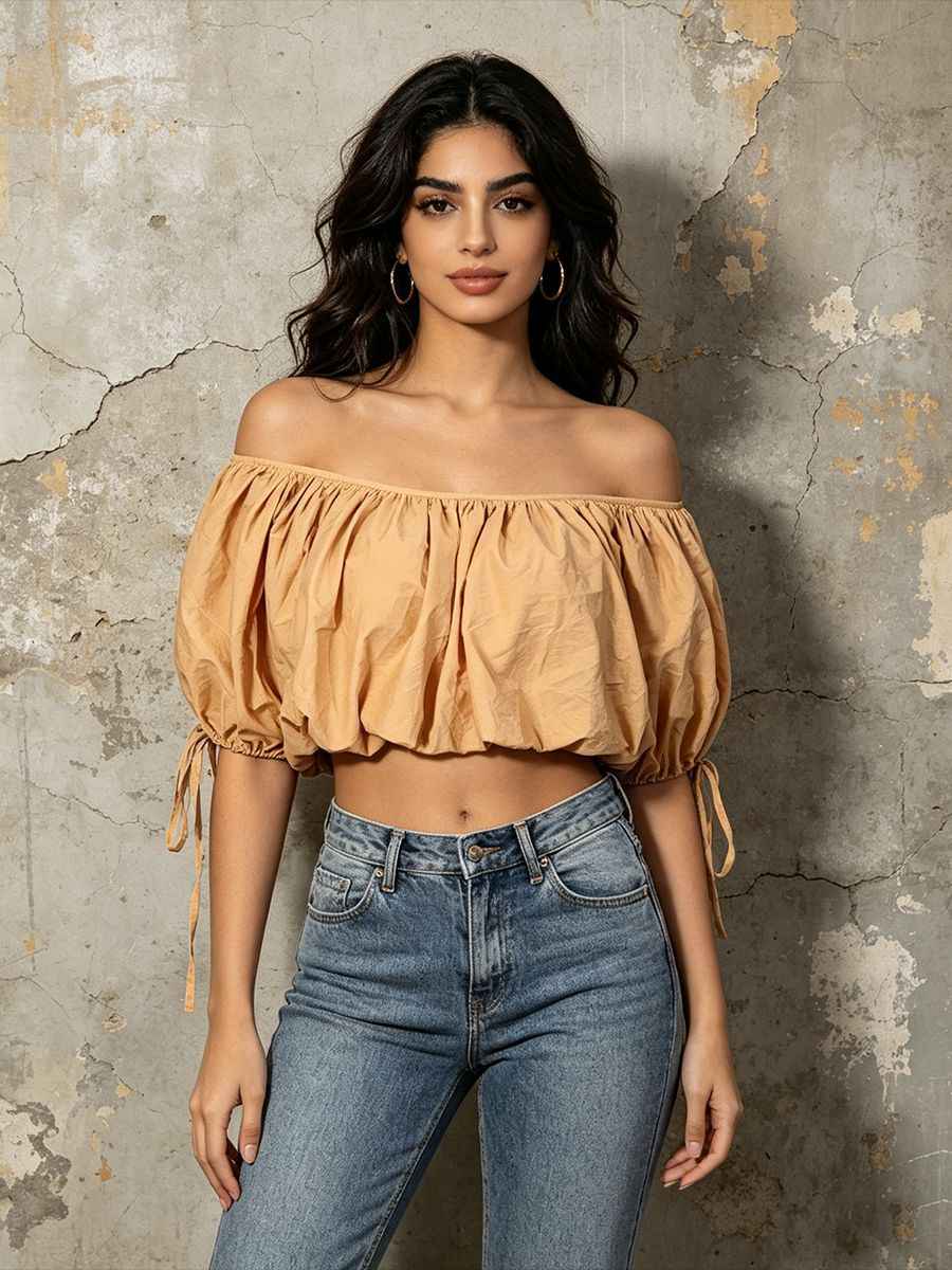 Off-Shoulder Puff Sleeve Crop Top | Drawstring Cropped Blouse