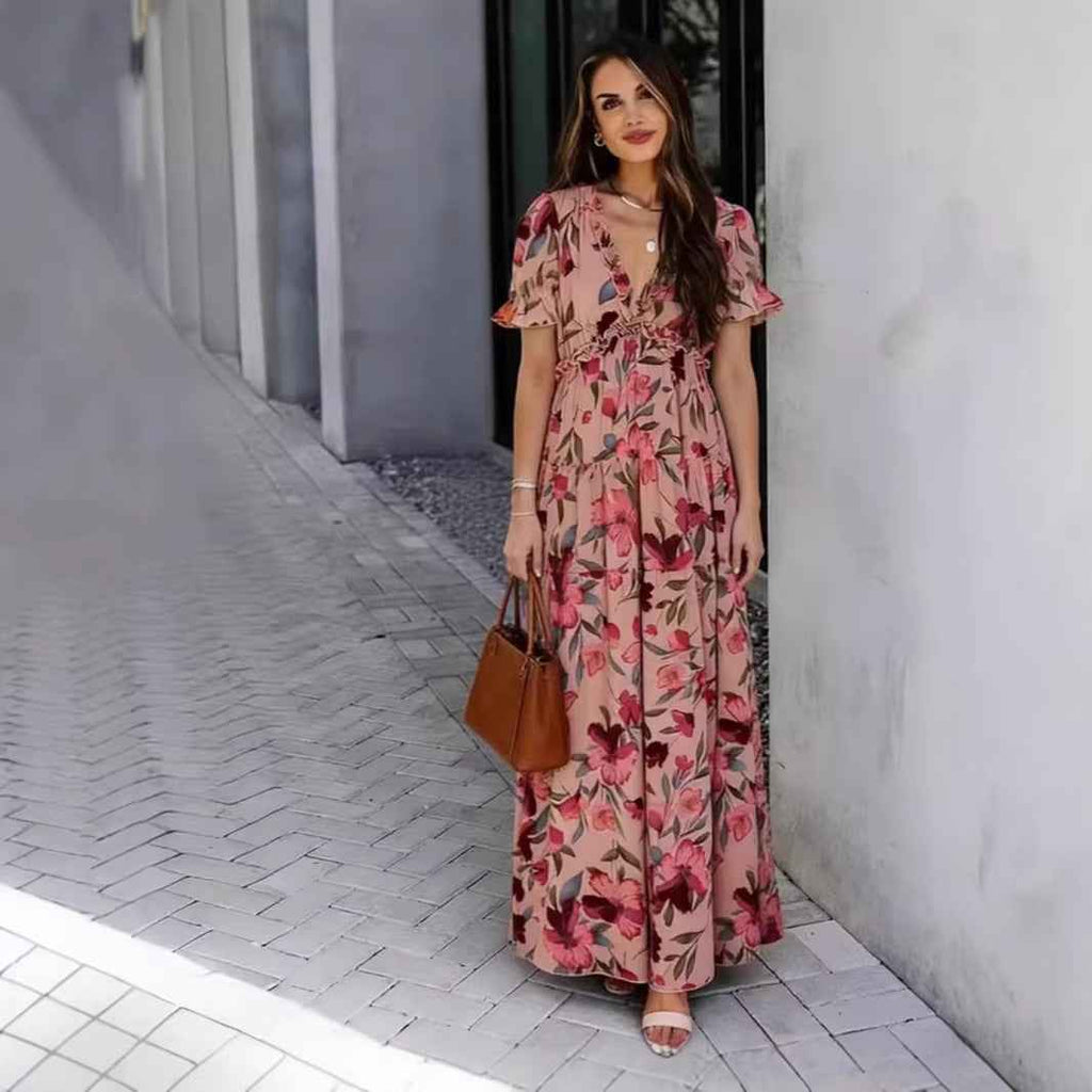 European And American-style Floral-print V-neck Womens Dress