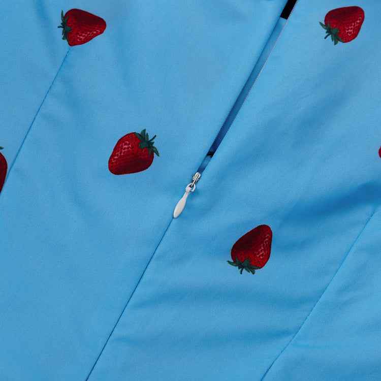 Strawberry Print Puff-Sleeve Pointed Collar Ruched Bodycon Mini Dress