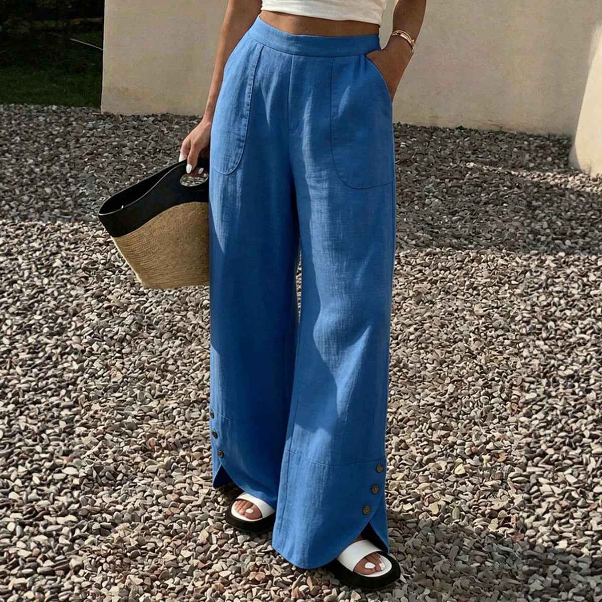 Womens Solid-color Loose-fit Straight-leg Casual Wide-leg Pants With Pockets