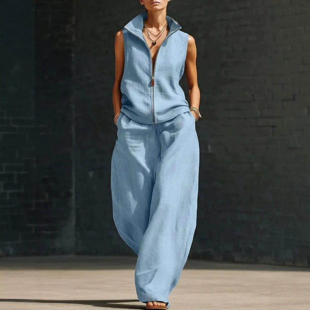 Sleeveless Stand-Collar Zip Linen Cardigan & Full-Length Pants Set