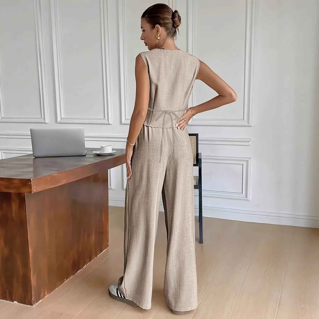 Buttoned Sleeveless Vest & Wide-Leg Trousers Set — Elegant Workwear
