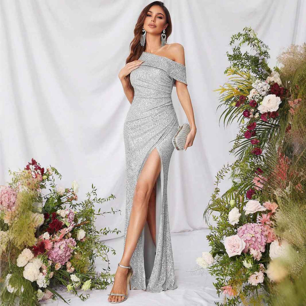 One-Shoulder Sequin Evening Gown – High Slit Maxi for Women