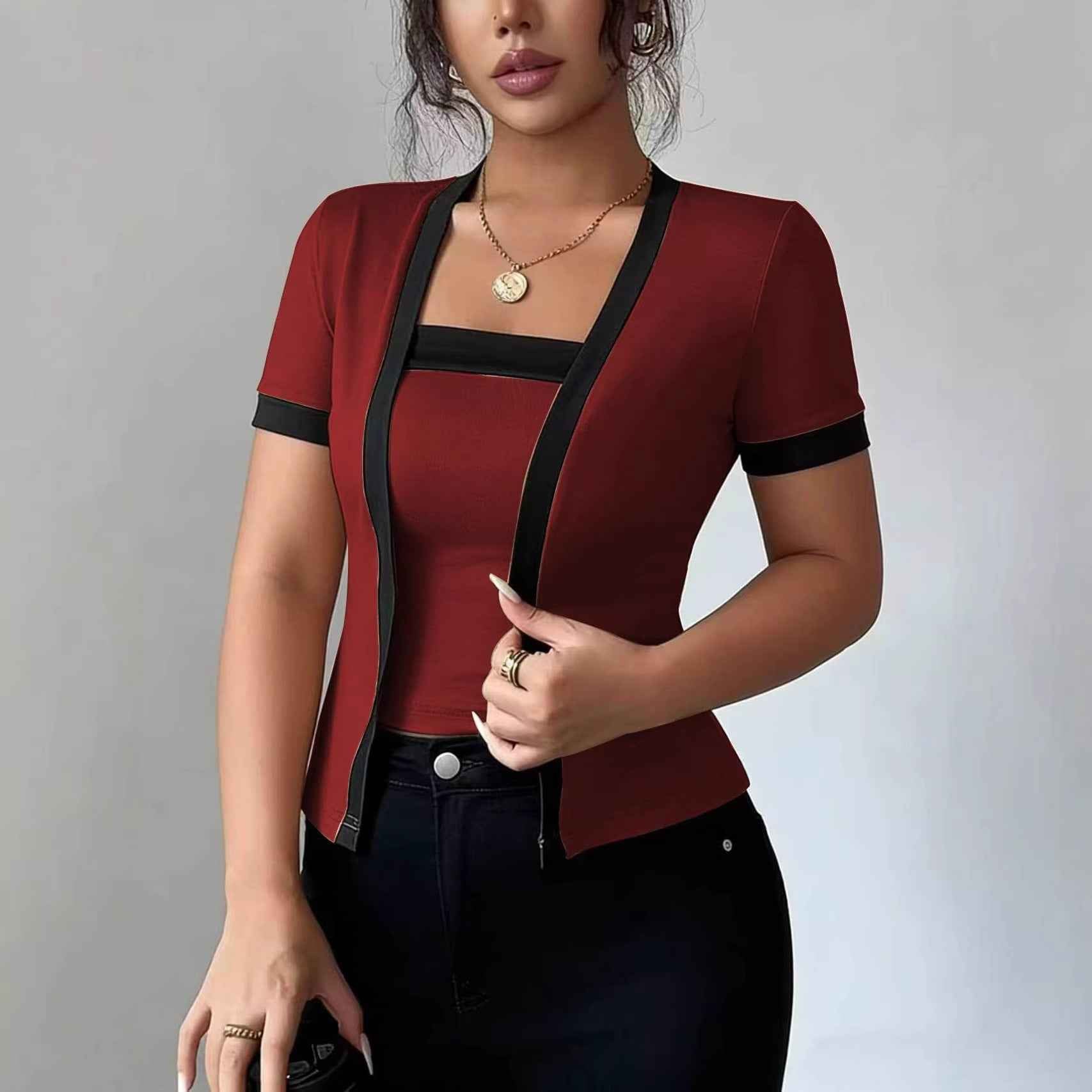 Patchwork Mock Two-Piece Slim Knit Top