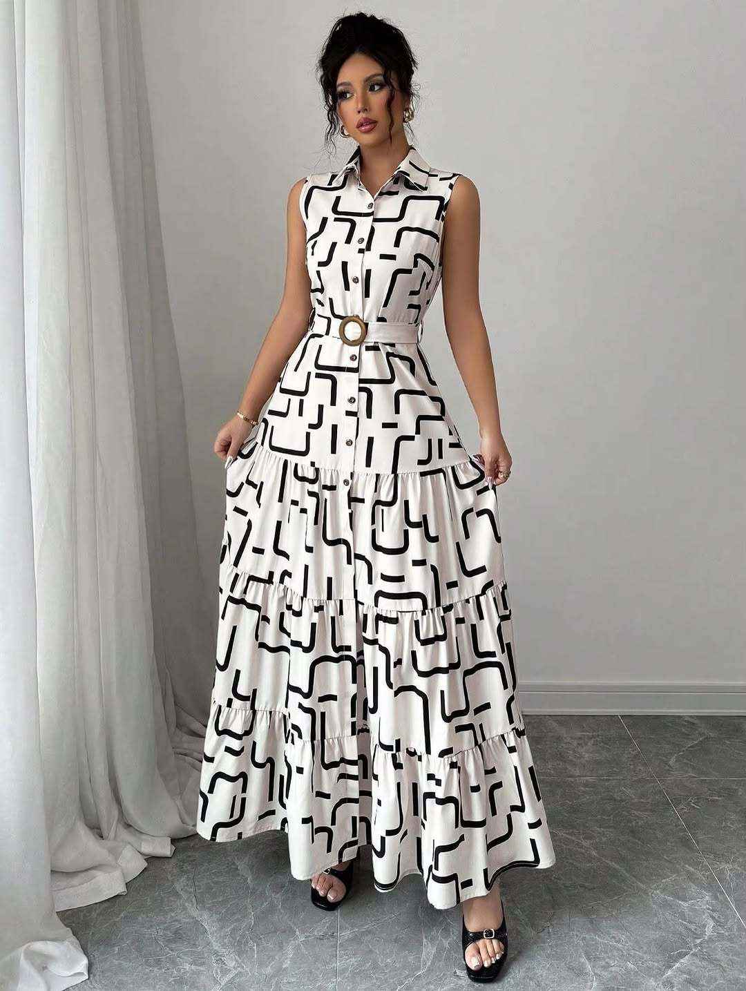 Printed-button Sleeveless Lace-up Shirt-collar Dress