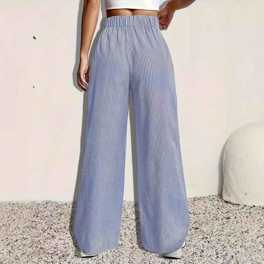 Striped Wide-Leg Pants with Elastic Waist & Pockets