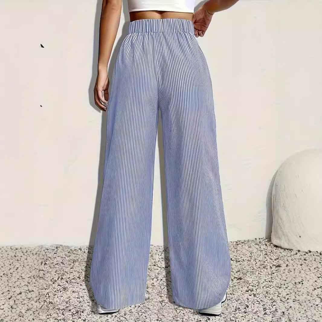Striped Wide-Leg Pants with Elastic Waist & Pockets