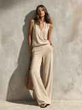 Resort-style Sleeveless Zip-neck Top And Relaxed-fit Pants Set