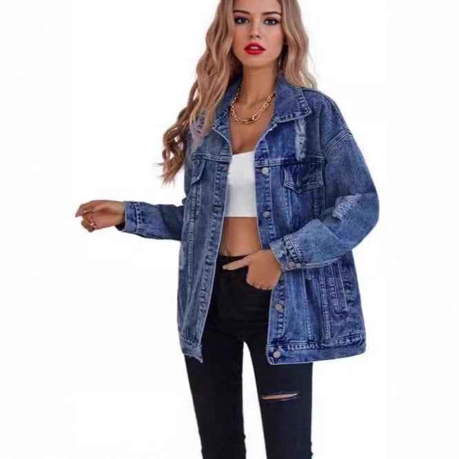 Fashionable Loose-fit Distressed Denim Jacket