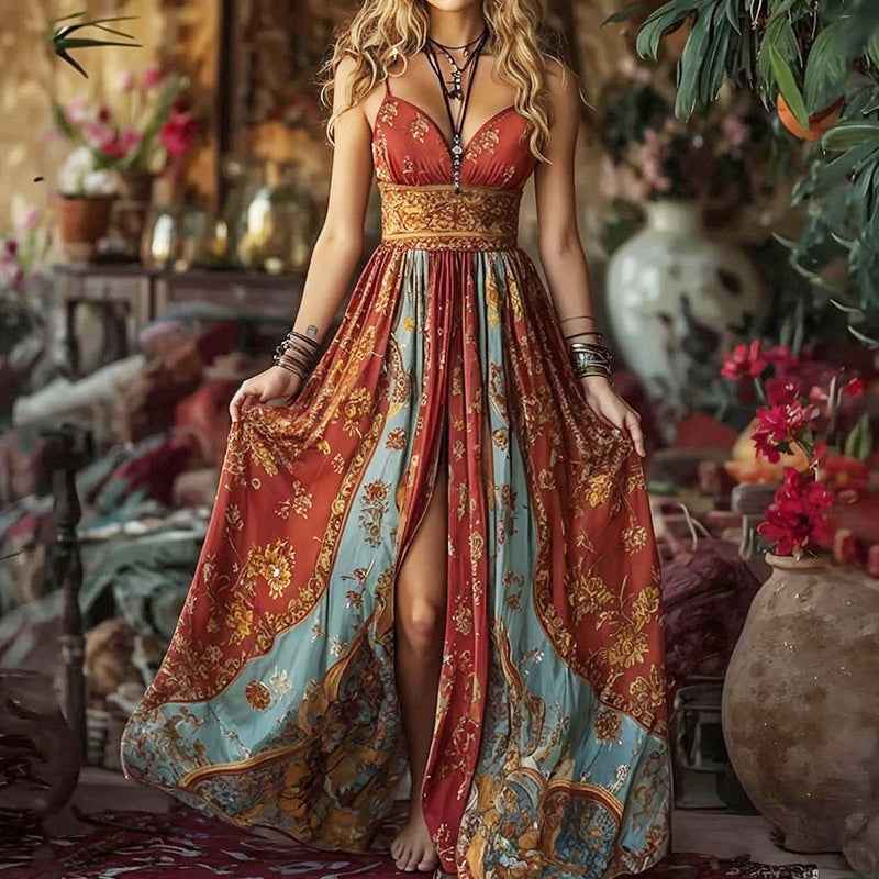 Tube Top Backless Suspender Vintage Printed Long Dress