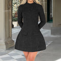 Solid Colour High-Waist A-Line Midi Dress — Long Sleeve