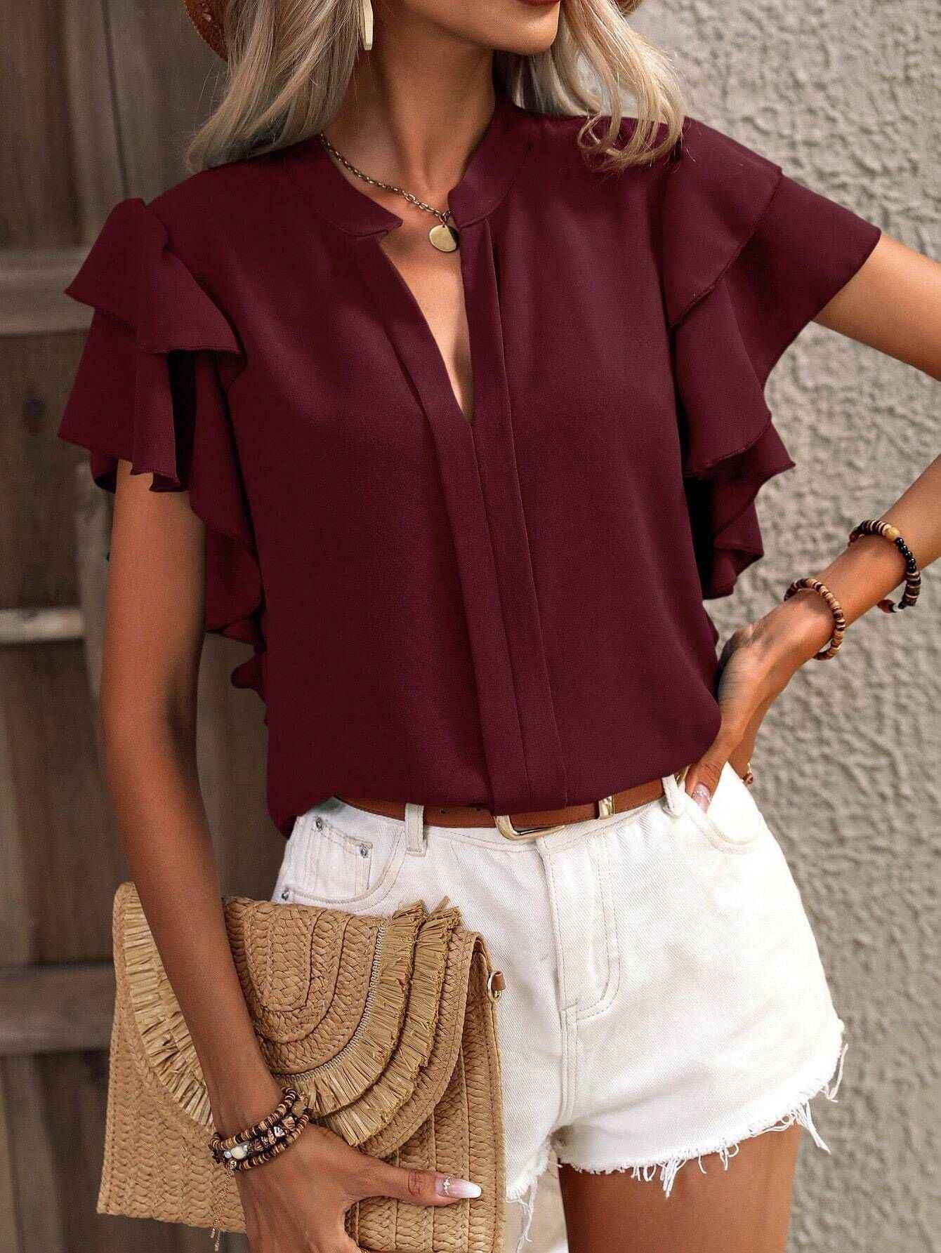 Petal Sleeve V-Neck Blouse – Wrinkle-Resistant