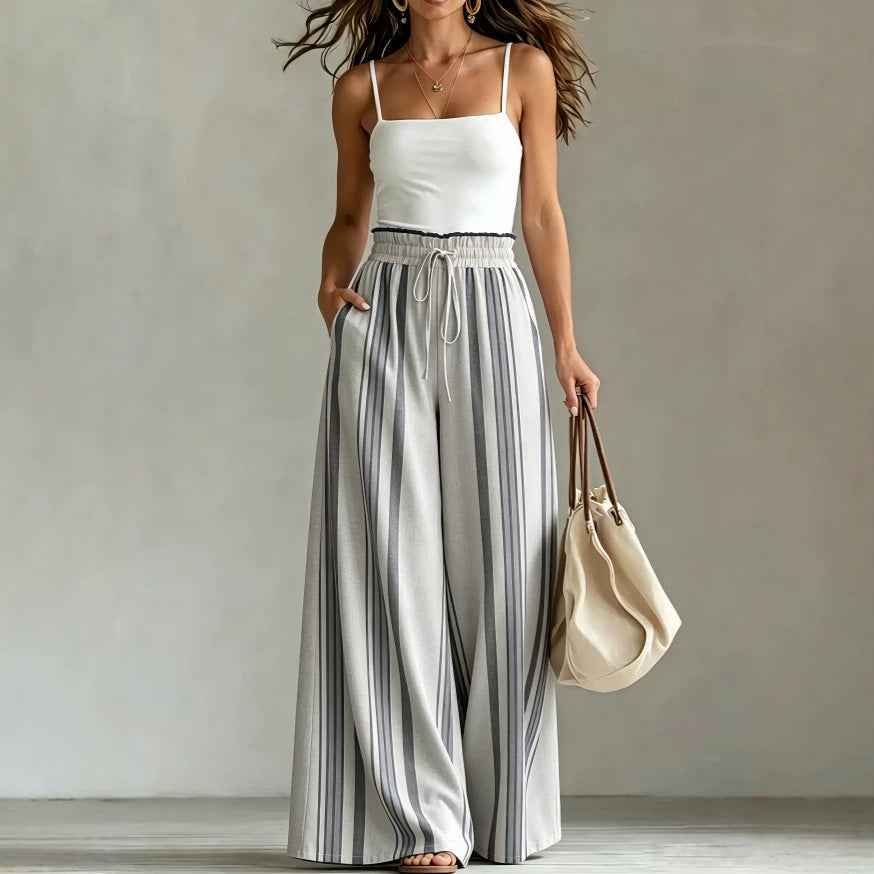 Womens Casual Striped Straight-leg Drawstring Wide-leg Pants