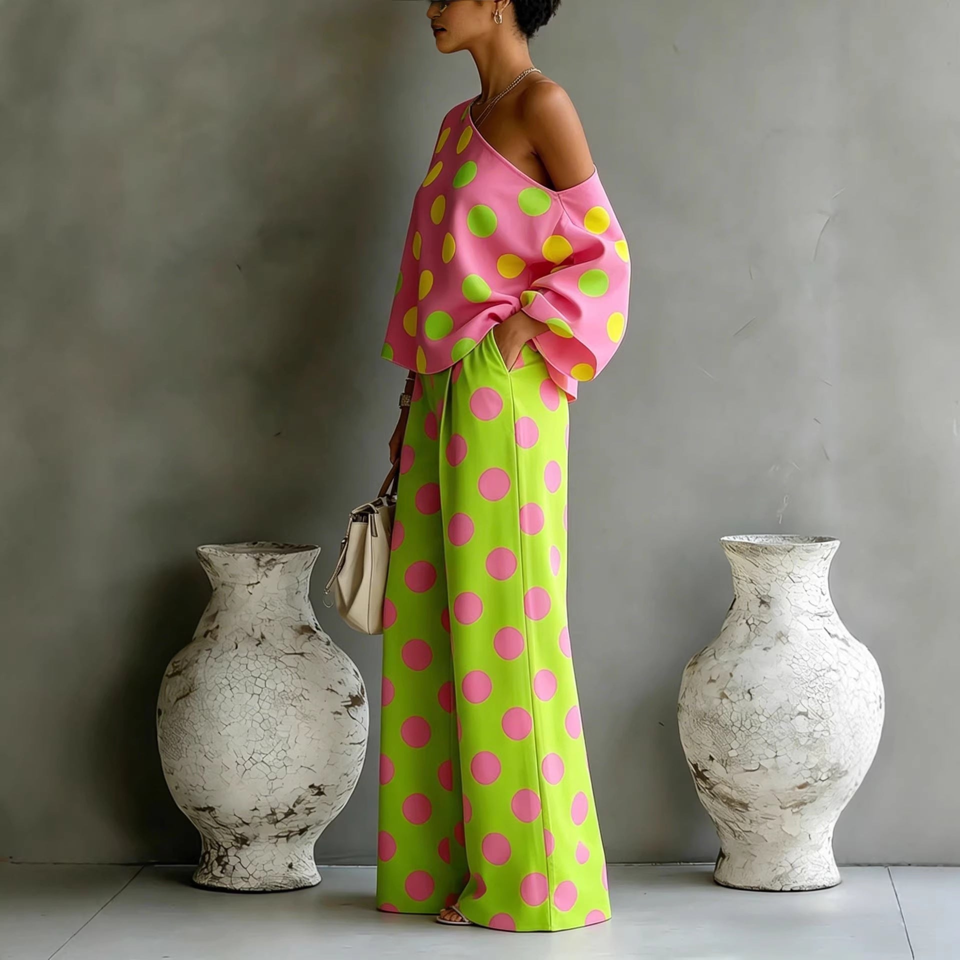 Polka-Dot Print Off-Shoulder Top & Full-Length Pants Set